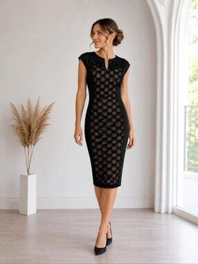 connected apparel Black Lace-Overlay Midi Sheath Dress with Nude Lining